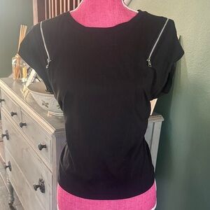 DKNY Black Short Sleeve Top with Zipper Accents